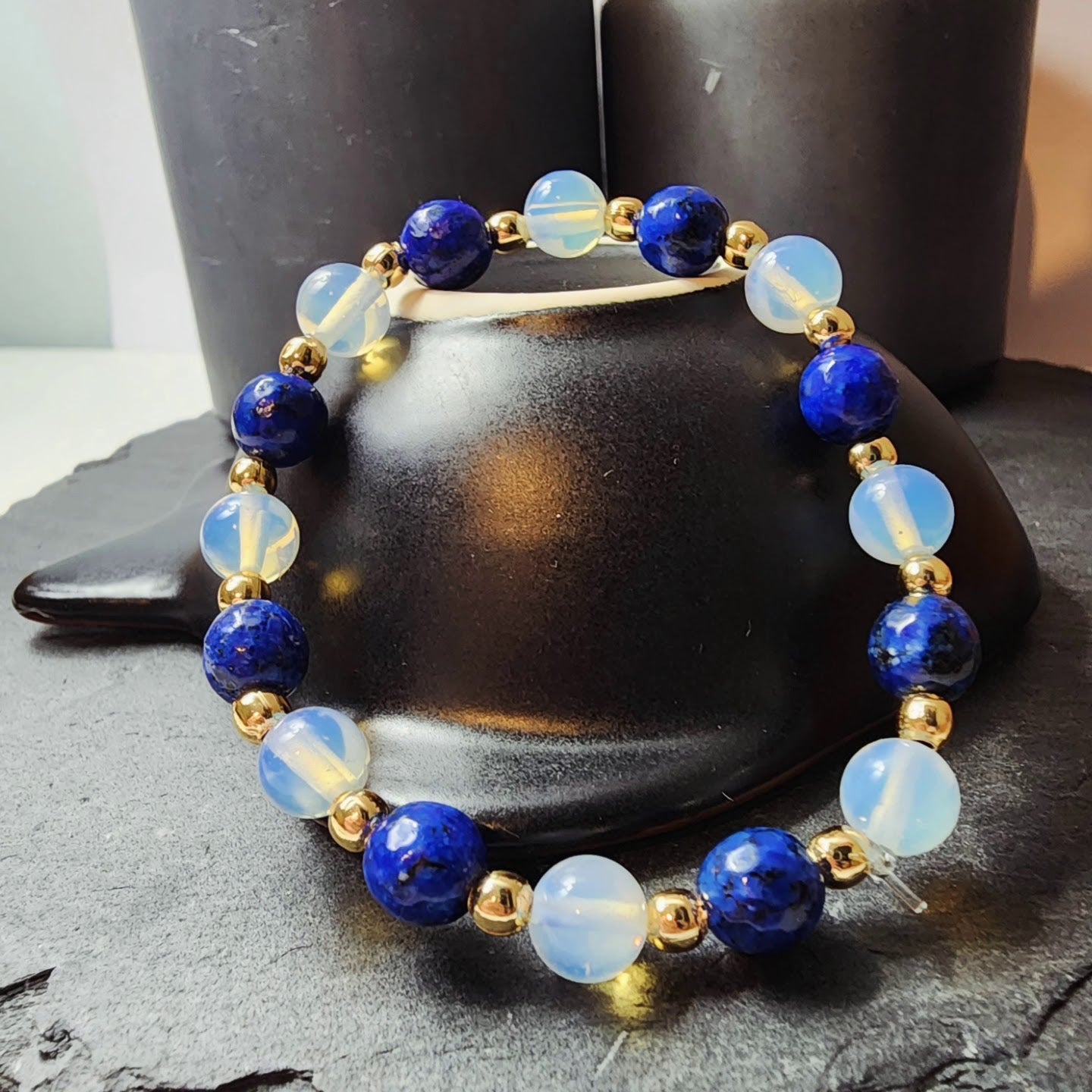 Opal and Blue Gemstone - 100% Natural Stone Bracelet - 8mm Sphere Cut - 18 cm Standard Bracelet Size