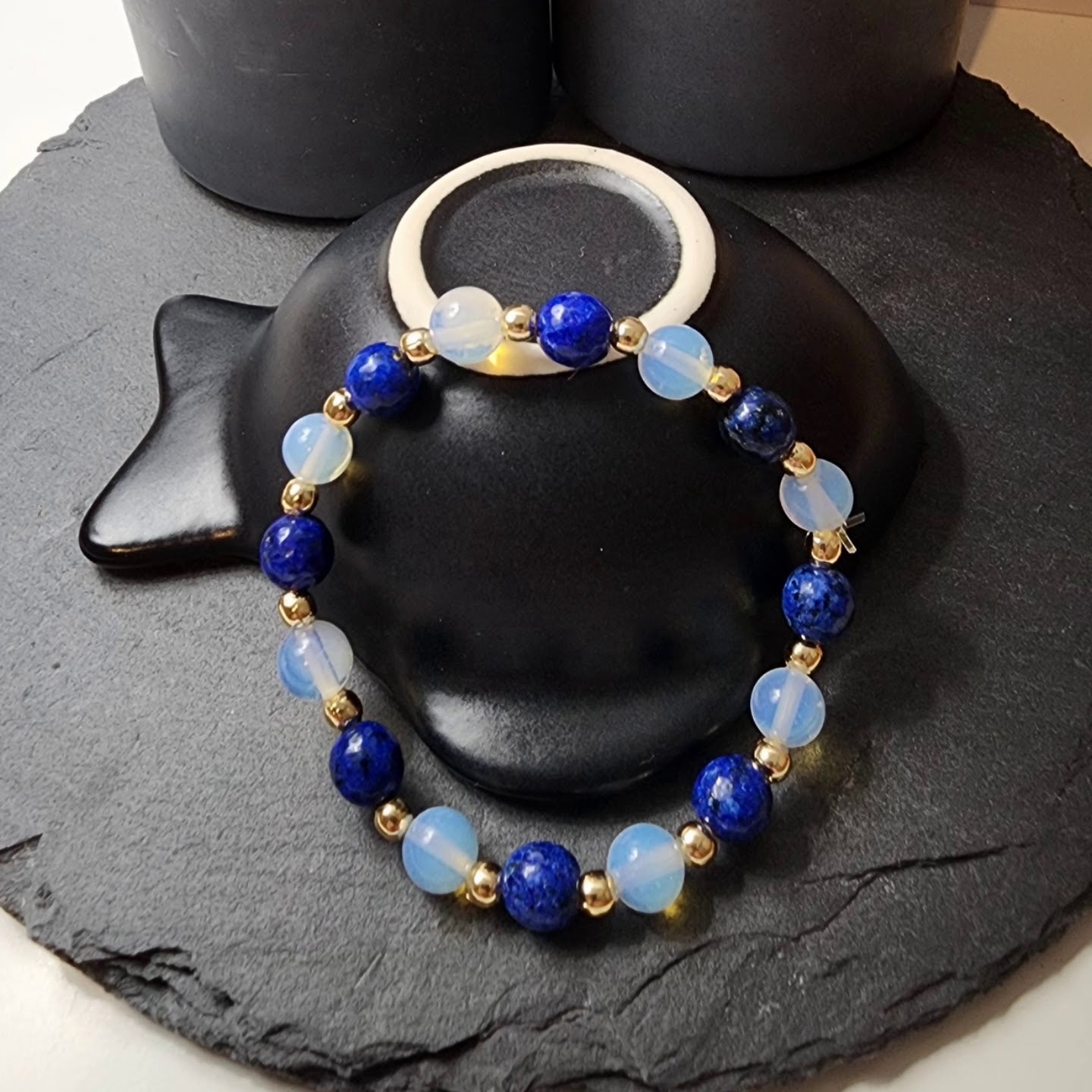 Opal and Blue Gemstone - 100% Natural Stone Bracelet - 8mm Sphere Cut - 18 cm Standard Bracelet Size