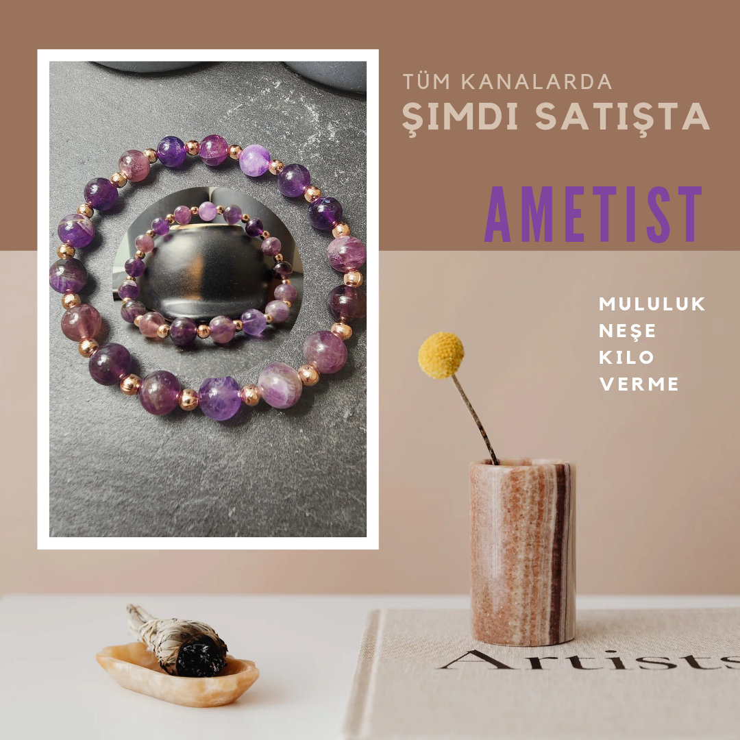 Ametist Orjinal Doğal Taş Kadın Bileklik / Mutluluk, Neşe, Kilo Verme Bilekliği - 16 cm Bileklik Ebadı