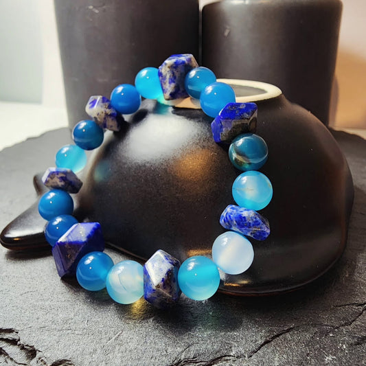 Lapis Lazuli and Bright Blue Agate - 100% Natural Stone Bracelet - 8mm Sphere Cut - 22+ cm Bracelet Size