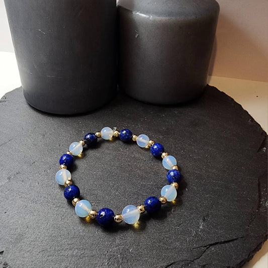 Opal and Blue Gemstone - 100% Natural Stone Bracelet - 8mm Sphere Cut - 22+ cm Bracelet Size