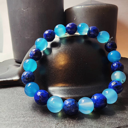 Bright Blue Agate and Blue Gemstone - 100% Natural Stone Bracelet - 8mm Sphere Cut - 16 cm Bracelet Size