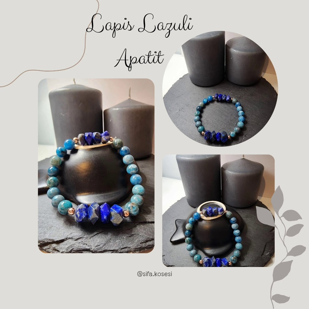 Lapis Lazuli and Blue Apatite - 100% Natural Stone Bracelet - 8mm Sphere Cut - 18 cm Standard Bracelet Size