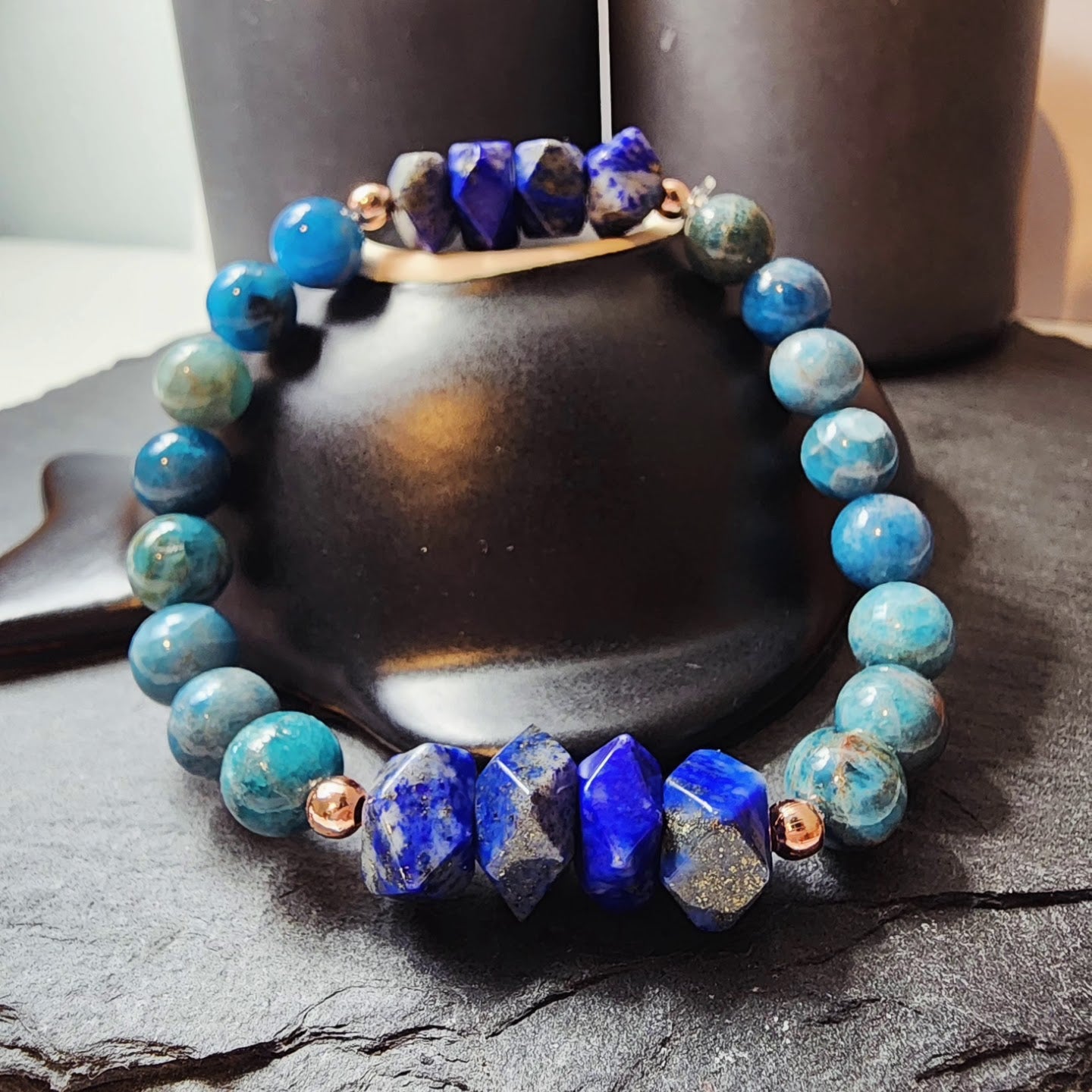 Lapis Lazuli and Blue Apatite - 100% Natural Stone Bracelet - 8mm Sphere Cut - 18 cm Standard Bracelet Size