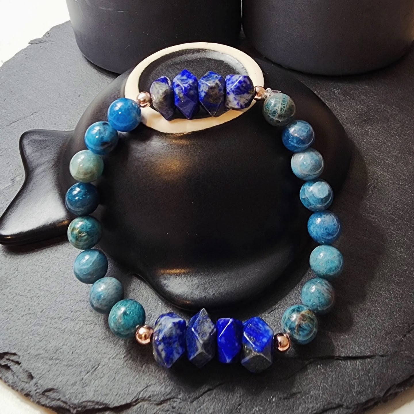 Lapis Lazuli and Blue Apatite - 100% Natural Stone Bracelet - 8mm Sphere Cut - 18 cm Standard Bracelet Size