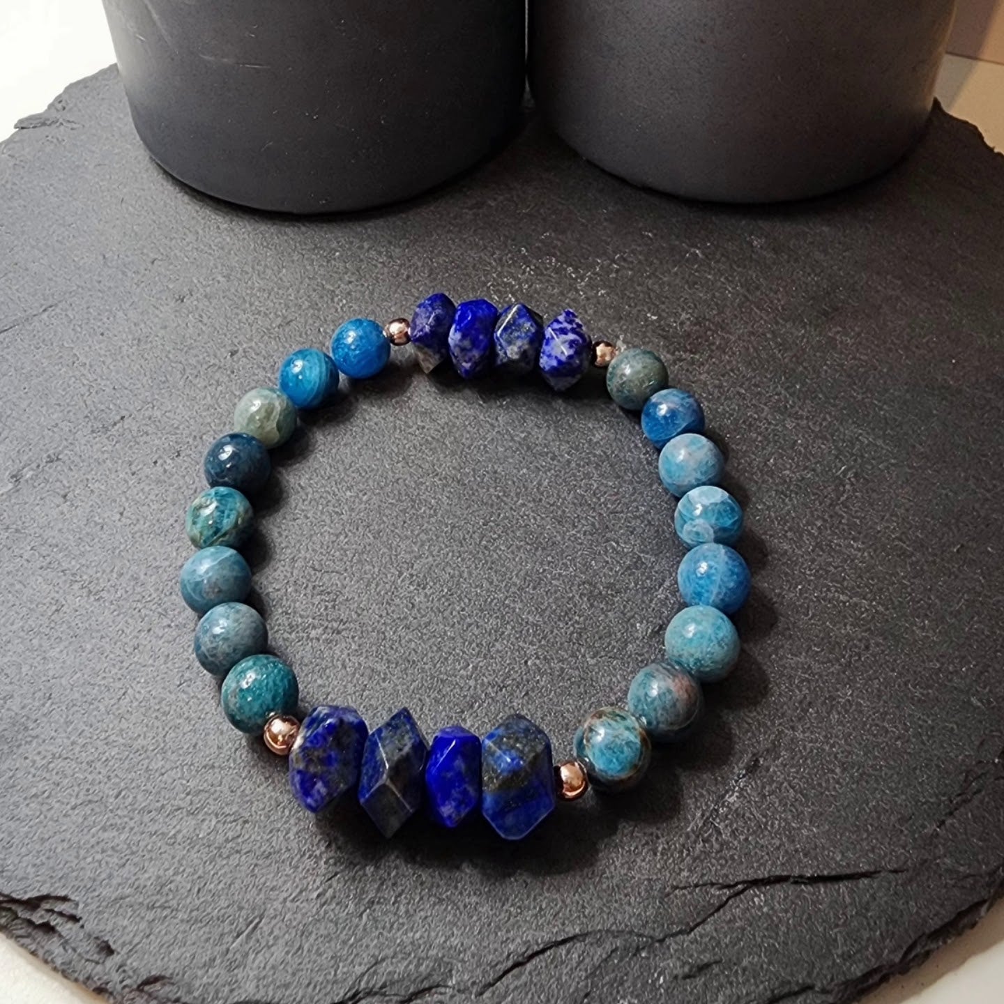 Lapis Lazuli and Blue Apatite - 100% Natural Stone Bracelet - 8mm Sphere Cut - 18 cm Standard Bracelet Size