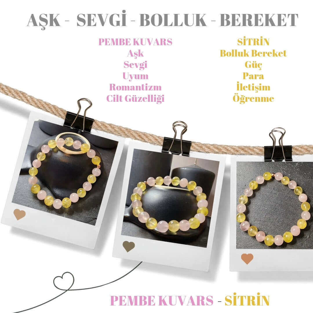 Pembe Kuvars ve Sitrin Orjinal Doğal Taş Kadın ve Erkek Bileklik / Aşk, Bolluk, Bereket Bilekliği - 22 cm Bileklik Ebadı